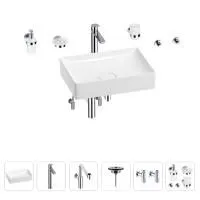 Раковина для ванной Wellsee Pure BY Wellsee 201006431 в наборе 9 в 1: раковина белого глянцевого цвета, высокий смеситель, сифон, выпуск, угловые вентили, аксессуары (цвет хром)