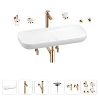 Раковина для ванной Wellsee Croquis 201005789 в наборе 9 в 1: раковина белого глянцевого цвета, высокий смеситель, сифон, выпуск, угловые вентили, аксессуары (цвет розовое золото)