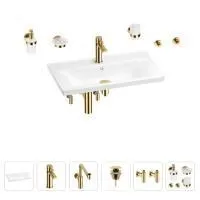 Раковина для ванной Wellsee FreeDom 201007048 в наборе 9 в 1: раковина белого глянцевого цвета, смеситель, сифон, донный клапан, угловые вентили, аксессуары (цвет набора золото)