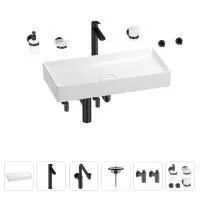 Раковина для ванной Wellsee Pure BY Wellsee 201006532 в наборе 9 в 1: раковина белого глянцевого цвета, высокий смеситель, сифон, выпуск, угловые вентили, аксессуары (цвет матовый черный)