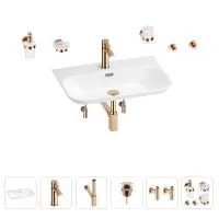 Раковина для ванной Wellsee Eclatant 2.0 201007519 в наборе 9 в 1: раковина белого глянцевого цвета, смеситель, сифон, донный клапан, угловые вентили, аксессуары (цвет набора розовое золото)