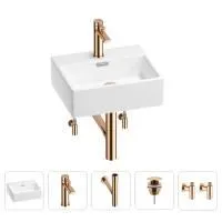 Раковина для ванной Wellsee Graceful Pro 201004554 в наборе 5 в 1: раковина белого глянцевого цвета, смеситель, сифон, донный клапан, угловые вентили (цвет набора розовое золото)