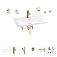 Раковина для ванной Wellsee FreeDom 201007038 в наборе 9 в 1: раковина белого глянцевого цвета, смеситель, сифон, донный клапан, угловые вентили, аксессуары (цвет набора золото)