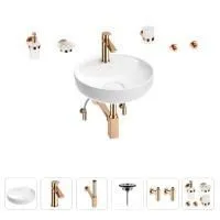 Раковина для ванной Wellsee Chalice Perfection 201006239 в наборе 9 в 1: раковина белого глянцевого цвета, смеситель, сифон, выпуск, угловые вентили, аксессуары (цвет набора розовое золото)