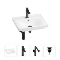 Раковина для ванной Wellsee FreeDom 201003097 в наборе 4 в 1: раковина белого глянцевого цвета, смеситель, сифон, донный клапан (цвет набора матовый черный)