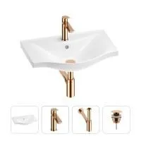 Раковина для ванной Wellsee Bisou 201003504 в наборе 4 в 1: раковина белого глянцевого цвета, смеситель, сифон, донный клапан (цвет набора розовое золото)