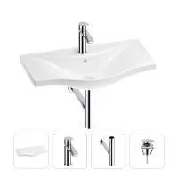 Раковина для ванной Wellsee Bisou 201003621 в наборе 4 в 1: раковина белого глянцевого цвета, смеситель, сифон, донный клапан (цвет набора хром)