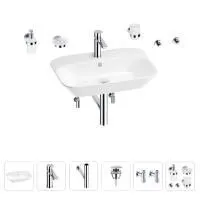 Раковина для ванной Wellsee Eclatant 201007471 в наборе 9 в 1: раковина белого глянцевого цвета, смеситель, сифон, донный клапан, угловые вентили, аксессуары (цвет набора хром)
