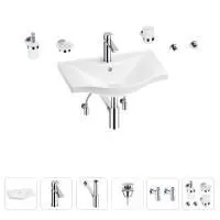 Раковина для ванной Wellsee Bisou 201007201 в наборе 9 в 1: раковина белого глянцевого цвета, смеситель, сифон, донный клапан, угловые вентили, аксессуары (цвет набора хром)