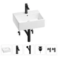 Раковина для ванной Wellsee Graceful Pro 201004602 в наборе 5 в 1: раковина белого глянцевого цвета, смеситель, сифон, донный клапан, угловые вентили (цвет набора матовый черный)