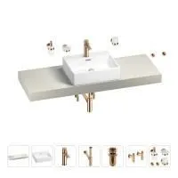 Раковина 50 см со столешницей 140 см Wellsee Graceful Pro 201012579 в наборе 10 в 1: столешница, раковина, смеситель, сифон, донный клапан, угловые вентили, аксессуары (цвет розовое золото)