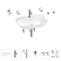 Раковина для ванной Wellsee Eclatant 201007451 в наборе 9 в 1: раковина белого глянцевого цвета, смеситель, сифон, донный клапан, угловые вентили, аксессуары (цвет набора хром)