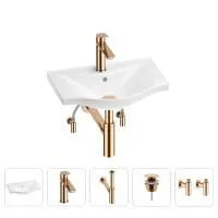 Раковина для ванной Wellsee Bisou 201005059 в наборе 5 в 1: раковина белого глянцевого цвета, смеситель, сифон, донный клапан, угловые вентили (цвет набора розовое золото)