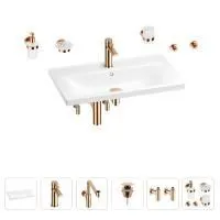 Раковина для ванной Wellsee FreeDom 201007099 в наборе 9 в 1: раковина белого глянцевого цвета, смеситель, сифон, донный клапан, угловые вентили, аксессуары (цвет набора розовое золото)