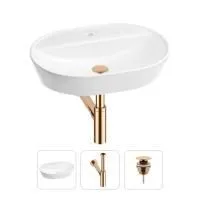 Раковина для ванной Wellsee Calin 201000994 в наборе 3 в 1: овальная раковина белого глянцевого цвета, сифон, донный клапан в цвете розовое золото