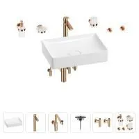 Раковина для ванной Wellsee Pure BY Wellsee 201006434 в наборе 9 в 1: раковина белого глянцевого цвета, высокий смеситель, сифон, выпуск, угловые вентили, аксессуары (цвет розовое золото)
