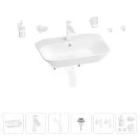 Раковина для ванной Wellsee Eclatant 201007465 в наборе 9 в 1: раковина белого глянцевого цвета, смеситель, сифон, донный клапан, угловые вентили, аксессуары (цвет набора матовый белый)