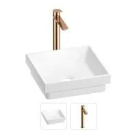 Раковина для ванной Wellsee Doux 201000634 в наборе 2 в 1: квадратная раковина белого глянцевого цвета, высокий смеситель в цвете розовое золото