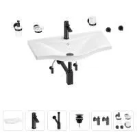 Раковина для ванной Wellsee Bisou 201007417 в наборе 9 в 1: раковина белого глянцевого цвета, смеситель, сифон, донный клапан, угловые вентили, аксессуары (цвет набора матовый черный)