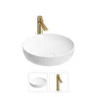 Раковина для ванной Wellsee Chalice Perfection 201000678 в наборе 2 в 1: круглая раковина белого глянцевого цвета, высокий смеситель в цвете золото