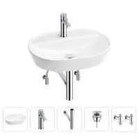 Раковина для ванной Wellsee Calin 201003926 в наборе 5 в 1: раковина белого глянцевого цвета, смеситель, сифон, донный клапан, угловые вентили (цвет набора хром)