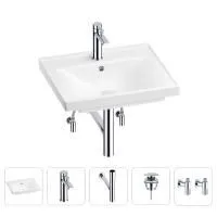 Раковина для ванной Wellsee FreeDom 201004801 в наборе 5 в 1: раковина белого глянцевого цвета, смеситель, сифон, донный клапан, угловые вентили (цвет набора хром)