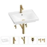 Раковина для ванной Wellsee FreeDom 201004803 в наборе 5 в 1: раковина белого глянцевого цвета, смеситель, сифон, донный клапан, угловые вентили (цвет набора золото)