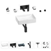 Раковина для ванной Wellsee Pure BY Wellsee 201006297 в наборе 8 в 1: раковина белого глянцевого цвета, встраиваемый смеситель, сифон, выпуск, аксессуары (цвет набора матовый черный)