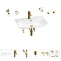 Раковина для ванной Wellsee Eclatant 2.0 201007508 в наборе 9 в 1: раковина белого глянцевого цвета, смеситель, сифон, донный клапан, угловые вентили, аксессуары (цвет набора золото)