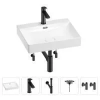 Раковина для ванной Wellsee DeSire 201005507 в наборе 5 в 1: раковина белого глянцевого цвета, смеситель, сифон, выпуск, угловые вентили (цвет набора матовый черный)