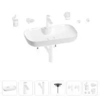 Раковина для ванной Wellsee Croquis 2.0 201005850 в наборе 9 в 1: раковина белого глянцевого цвета, смеситель, сифон, выпуск, угловые вентили, аксессуары (цвет набора матовый белый)