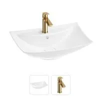 Раковина для ванной Wellsee Cerulean 201000798 в наборе 2 в 1: прямоугольная раковина белого глянцевого цвета, смеситель в цвете золото