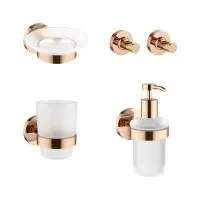 Акционный набор аксессуаров для ванной комнаты 5 в 1 Wellsee Finishing Touch 182514002: дозатор для жидкого мыла, мыльница, крючок 2 шт, стакан для зубных щеток и пасты (цвет розовое золото)