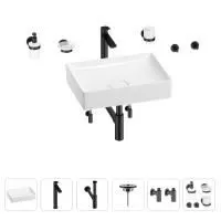 Раковина для ванной Wellsee Pure BY Wellsee 201006412 в наборе 9 в 1: раковина белого глянцевого цвета, высокий смеситель, сифон, выпуск, угловые вентили, аксессуары (цвет матовый черный)