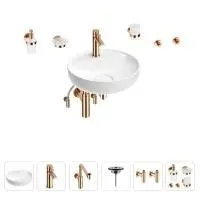 Раковина для ванной Wellsee Chalice Perfection 201006274 в наборе 9 в 1: раковина белого глянцевого цвета, смеситель, сифон, выпуск, угловые вентили, аксессуары (цвет набора розовое золото)