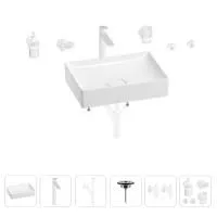 Раковина для ванной Wellsee Pure BY Wellsee 201006415 в наборе 9 в 1: раковина белого глянцевого цвета, высокий смеситель, сифон, выпуск, угловые вентили, аксессуары (цвет матовый белый)