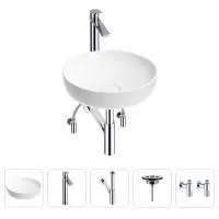 Раковина для ванной Wellsee Chalice Perfection 201004281 в наборе 5 в 1: раковина белого глянцевого цвета, высокий смеситель, сифон, выпуск, угловые вентили (цвет набора хром)