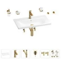 Раковина для ванной Wellsee FreeDom 201007053 в наборе 9 в 1: раковина белого глянцевого цвета, смеситель, сифон, донный клапан, угловые вентили, аксессуары (цвет набора золото)