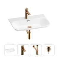 Раковина для ванной Wellsee Eclatant 2.0 201003754 в наборе 4 в 1: раковина белого глянцевого цвета, смеситель, сифон, донный клапан (цвет набора розовое золото)