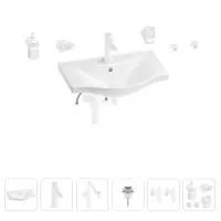 Раковина для ванной Wellsee Bisou 201007250 в наборе 9 в 1: раковина белого глянцевого цвета, смеситель, сифон, донный клапан, угловые вентили, аксессуары (цвет набора матовый белый)
