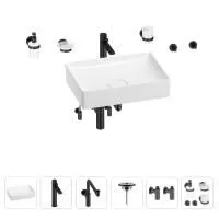 Раковина для ванной Wellsee Pure BY Wellsee 201006437 в наборе 9 в 1: раковина белого глянцевого цвета, высокий смеситель, сифон, выпуск, угловые вентили, аксессуары (цвет матовый черный)