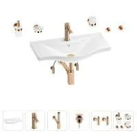 Раковина для ванной Wellsee Bisou 201007369 в наборе 9 в 1: раковина белого глянцевого цвета, смеситель, сифон, донный клапан, угловые вентили, аксессуары (цвет набора розовое золото)
