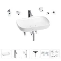 Раковина для ванной Wellsee Croquis 201005691 в наборе 9 в 1: раковина белого глянцевого цвета, высокий смеситель, сифон, выпуск, угловые вентили, аксессуары (цвет хром)