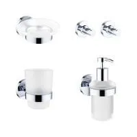 Акционный набор аксессуаров для ванной комнаты 5 в 1 Wellsee Finishing Touch 182511002: дозатор для жидкого мыла, мыльница, крючок 2 шт, стакан для зубных щеток и пасты (цвет хром)
