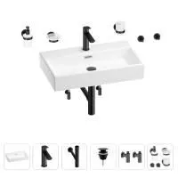 Раковина для ванной Wellsee Graceful Pro 201006722 в наборе 9 в 1: раковина белого глянцевого цвета, смеситель, сифон, донный клапан, угловые вентили, аксессуары (цвет набора матовый черный)