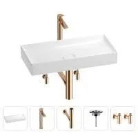 Раковина для ванной Wellsee Pure BY Wellsee 201004449 в наборе 5 в 1: раковина белого глянцевого цвета, высокий смеситель, сифон, выпуск, угловые вентили (цвет набора розовое золото)