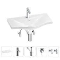 Раковина для ванной Wellsee Bisou 201005281 в наборе 5 в 1: раковина белого глянцевого цвета, смеситель, сифон, донный клапан, угловые вентили (цвет набора хром)