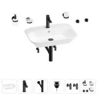 Раковина для ванной Wellsee Eclatant 201007477 в наборе 9 в 1: раковина белого глянцевого цвета, смеситель, сифон, донный клапан, угловые вентили, аксессуары (цвет набора матовый черный)