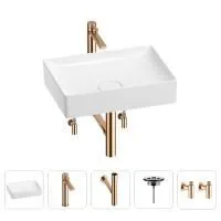 Раковина для ванной Wellsee Pure BY Wellsee 201004404 в наборе 5 в 1: раковина белого глянцевого цвета, высокий смеситель, сифон, выпуск, угловые вентили (цвет набора розовое золото)