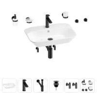 Раковина для ванной Wellsee Eclatant 201007452 в наборе 9 в 1: раковина белого глянцевого цвета, смеситель, сифон, донный клапан, угловые вентили, аксессуары (цвет набора матовый черный)